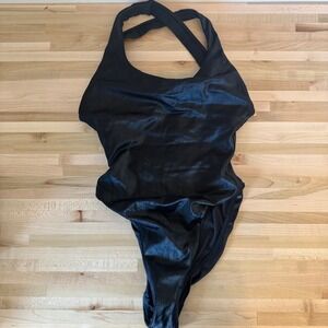 Kitty And Vibe Black Swimsuit One Piece Halter Cross Back‎ Sexy